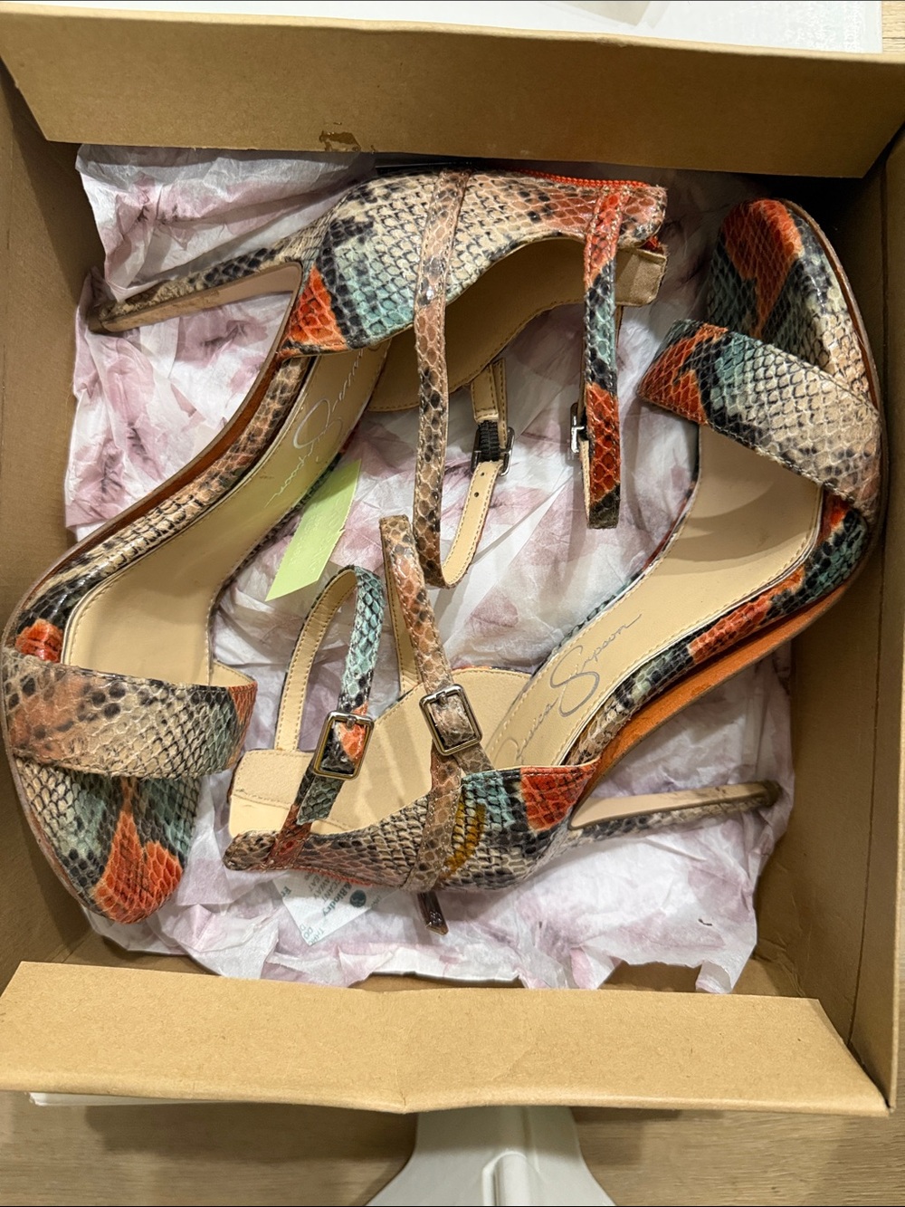 Jessica Simpson Orange, Teal & Tan Snake-Print Strappy Heels